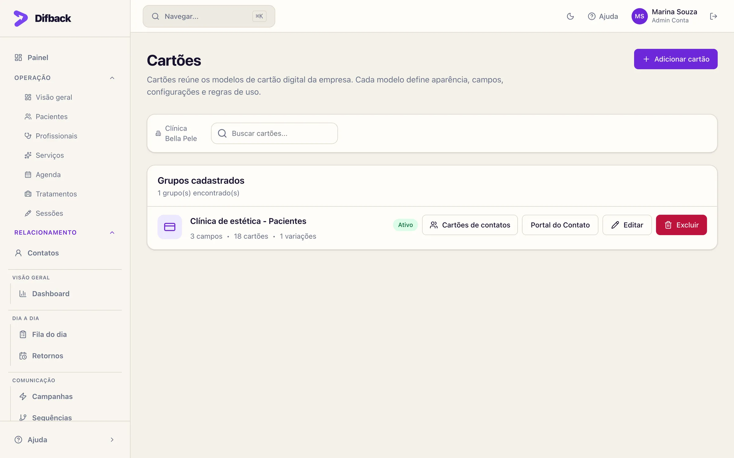 Lista de cartões da empresa com o cartão Clínica de estética - Pacientes, campos, cartões emitidos e ações