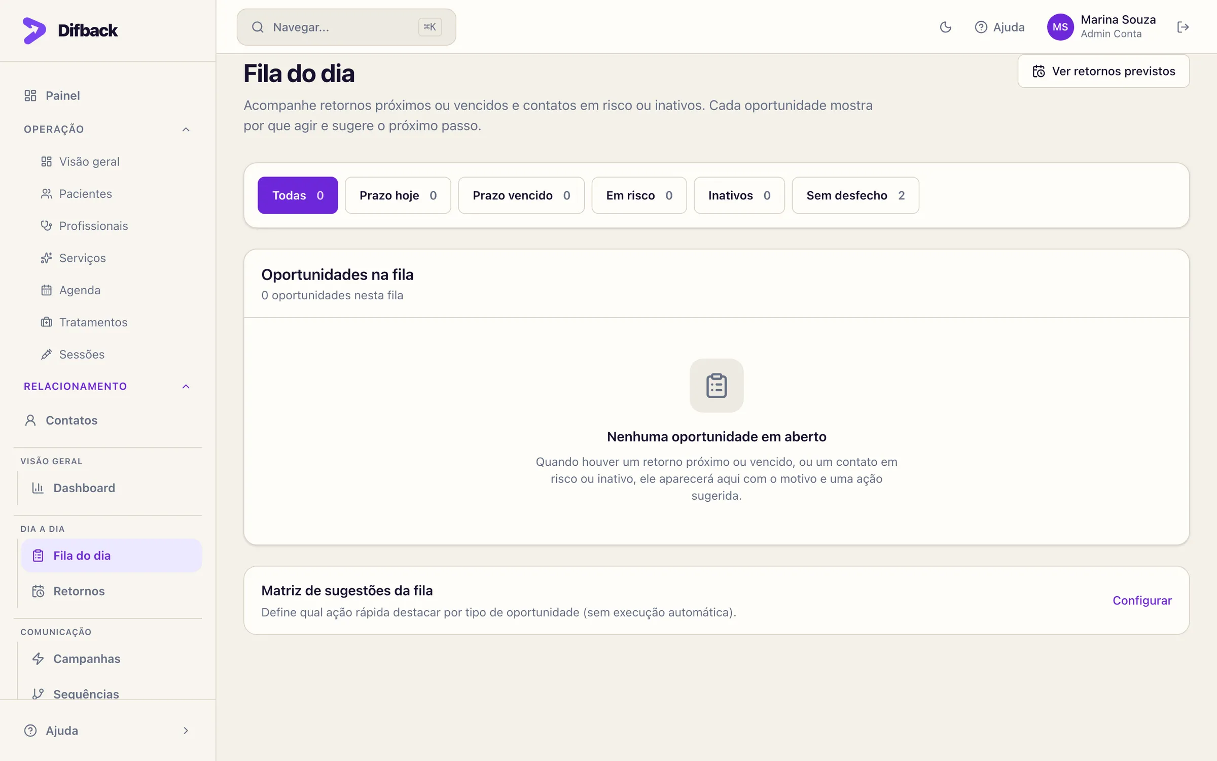 Fila do dia com filtros Todas, Prazo hoje, Prazo vencido, Em risco, Inativos e Sem desfecho