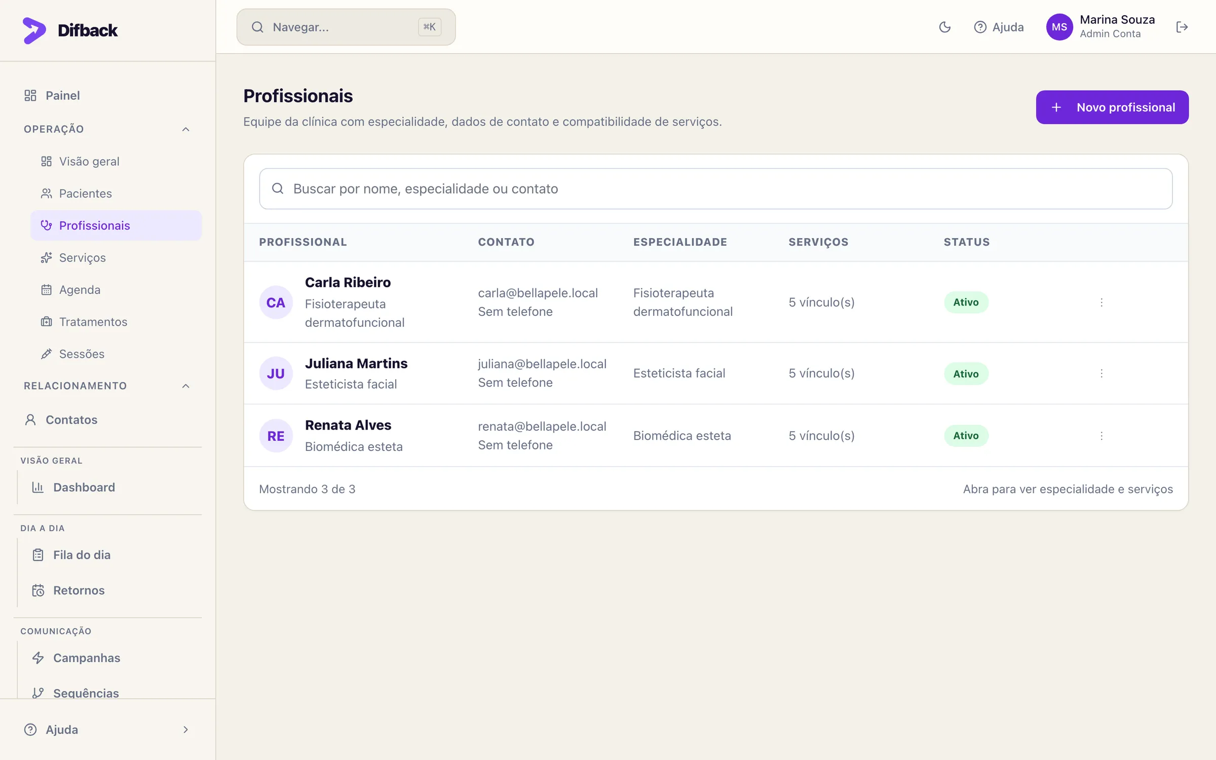 Lista de profissionais com contato, especialidade, quantidade de serviços e status